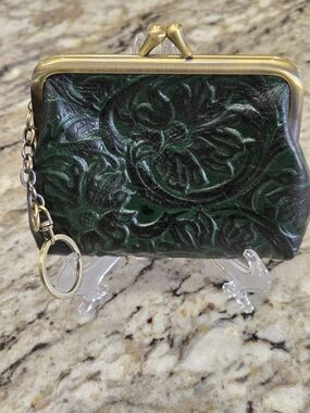 Patricia Nash Embossed Dark Green Leather Kiss-Lock Coin Purse